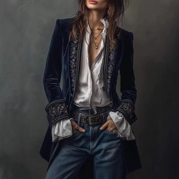 Women's Long Coat Gold Velvet Splicing Lace Slim Long-sleeved French Simple Cardigan Top Female Button Jacket