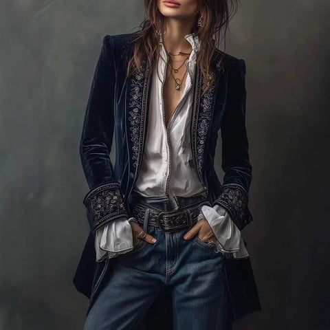 Women's Long Coat Gold Velvet Splicing Lace Slim Long-sleeved French Simple Cardigan Top Female Button Jacket