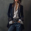 Women's Long Coat Gold Velvet Splicing Lace Slim Long-sleeved French Simple Cardigan Top Female Button Jacket