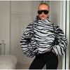Zebra Striped Faux Fur Jacket Women Stand Collar Burgundy Velvet Patch Pocket Single Breasted Coat Autumn Street Jackets