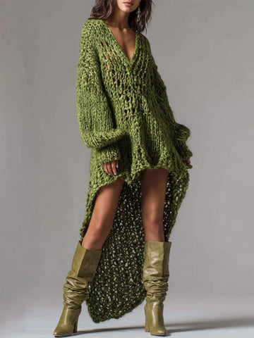 Women's Turtleneck Knit Sweater Dress Puff Sleeve High Low Hem Loose Asymmetrical Hem Hollow Out Crochet Knit Dress for Women