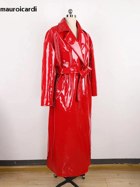 Spring Autumn Long Waterproof Shiny Reflective Black Patent Leather Cocoon Coat Women Sashes Designer Clothes