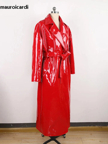 Spring Autumn Long Waterproof Shiny Reflective Black Patent Leather Cocoon Coat Women Sashes Designer Clothes