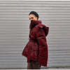 Shiny Belted Waist Jacket For Women Casual Detachable Hood Zipper Pockets Coat Lady Winter Chic Street Outerwear