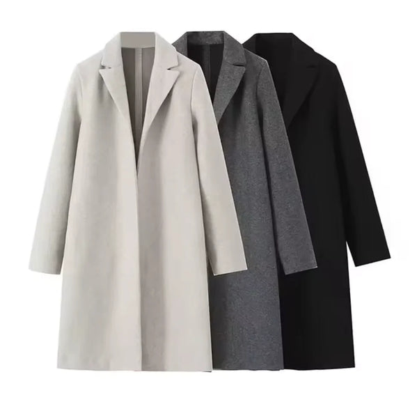 Women Woolen coat Solid Open Stitch Long Trench Coats Vintage V-Neck Full Sleeves Female Chic Lady Outfits
