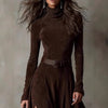 American Retro Suede Leather Split Hem Dress for Women's Long Sleeve Turtleneck Solid Elegant Sexy Fit and Flare Long Dress