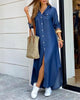Spring And Autumn Women's Plaid Printed Polo Neck Shirt Dress Elegant Denim Long Sleeve Button Pocket Loose Long Dreess