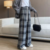 Women's High Waist Plaid Trousers Autumn Winter Korean Retro Straight Pants Loose Fit Drawstring Wide Leg Trouser Mujer