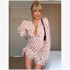 Women Elegant Flora Painted Ruffle Mini Dress Chic Full Sleeve Deep V-neck Slim A-line Dresses Lady Vacation Street Gowns
