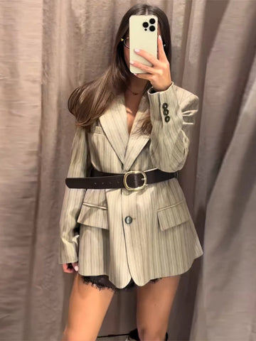 Women's Striped Blazer Belted Single Breasted Long Sleeve Lapel Neck Coat Female Casual Daily Commute Office Jacket