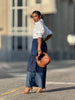 Women High Waist Patchwork Wide Leg Denim Trousers Jeans Retro Casual Elastic Waist High Street Pockets Loose Jeans