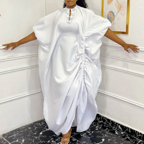 African White Dresses for Women Elegant Shiny Boubou Dresses Traditional Africa Long Loose V Neck Party Event Occasion Female