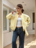 Women Yellow Jacquard Bomber Jacket Round Neck Zipper Long Sleeve Loose Cropped Coat Lady High Street Daily Outerwear