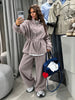 Women Casual Drawstring Waist Cinched Fleece 2 Piece Outfits Half Zip Stand Collar Sweatshirt Wide Leg Pants Set