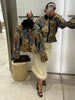 Vintage Floral Print Women Cropped Jacket Contrast Velvet Collar Zip Up Long Sleeve Slim Fit Side Pockets Coat Outerwear