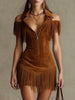 Western Retro Suede Tassel Dresses for Woman V-neck Single-breasted Zipper Slim Hips Dress Long Sleeve Mini Dress with Pocket