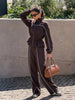 Women Black Track Suit Jacket Two Piece Suit Zip Up Cinch Waist Coat Wide Leg Pants Lady Autumn Street Matching Set