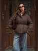 Women Brown Drawstring Waist Puffer Jacket Stand Collar Warm Cotton Padded Coat Casual Oversized Winter Parka Outerwear