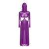 Women Sheer Dress with Hooded Face Mask Maxi High Slit Sexy Mesh Dress Long Sleeves Hollow Out Sheer Dress Cover Up Swimwear
