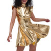 Women Metallic Shiny Dress Holographic Solid Color Turtleneck Pleated Dress Carnival Costume Gold Silver Rave Dress Outfits