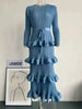 Long Pleated Dress Women Round Neck Solid Color Ruffles Cake Belt Dresses Multi-layer Female Elegant Clothing 2R6863