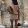 Vintage Solid Suede Skirt Two Piece Set Women Stand Collar Full Sleeve Zipper Jacket Mini Skirts Autumn Lady Streetwear