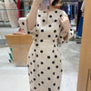 Elegant Women Dots Print Dress Summer Slim 3/4 Sleeve Vestidos V-Neck Party Midi Robe Office Pocket Dresses
