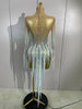 Sexy Sparkly Rhinestone Tassel Long Sleeves Mesh See Through Mini Dress Women Latin Dance Nightclub Party Club Stage Wear