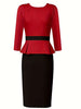 Women Elegan 3/4 Sleeve Round Neck Color Block Knee Length Cocktail Party Work Business Pleated Waistband Slim Pencil Dress