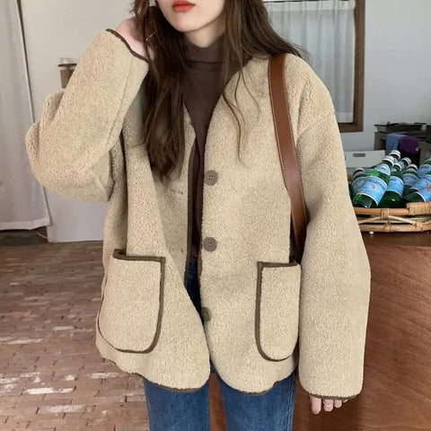 Women Autumn Winter Warm Teddy Coat Berber Fleece Round Collar Short Jacket Plush Outerwear Female Streetwear Clothes