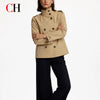 CH Women Tailored Double Breasted Stand Collar Cropped Trench Coat Shoulder Strap Cuff Buckle Business Commute Layer Outerwear