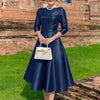 Elegant Satin Black Party Midi Dresses Women's Boatneck 3/4 Sleeve Fit and Flare A-Line Dress Wedding Guest Woman Clothes