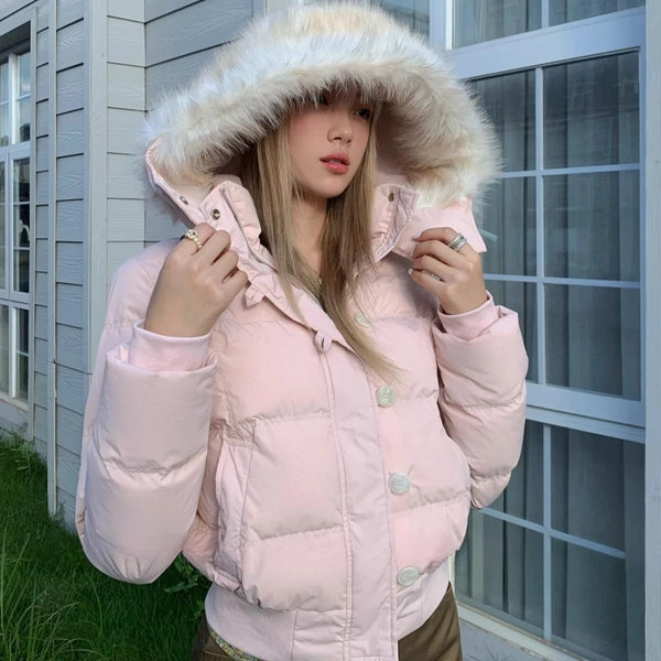 Winter Fur Collar Pink Cotton Women Hooded Jacket Harajuku High Street Cold-Proof Thick Cotton Jacket