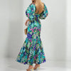 Early Spring O Neck Fit Mermaid Dress Lady Party Pleated Dress Temperament Lantern Sleeve Print Wrap Hips Long Dress