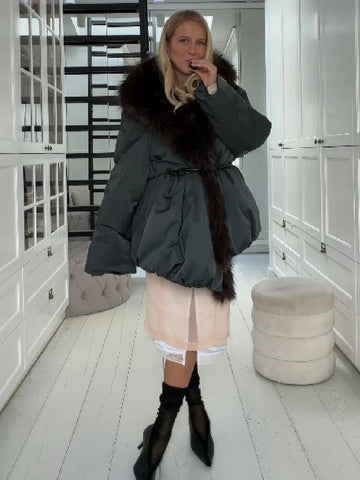 Thicken Faux Fur Collar Wrap Cotton Jackets Women Belt Short Bubble Pocket Loose Padded Coats Warm Winter Daily Street Outerwear