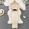 Elegant Turtleneck Long Sleeve Knit Soft Tight Pencil Dress with Belt Slim Warm Sweater Vestido Sexy Women Winter Robe