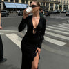 V-Neck Long Sleeve Slim Side Slit Mesh Patchwork Long Dress Women'S Solid Sexy Elegant Clothes Party Club Autumn Outfit