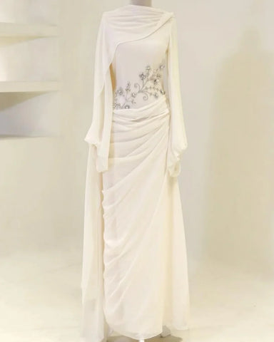 Customized Modern Style Women Chiffon Beading Handmade Flower Straight Evening Dress Formal High Collar Long Sleeves Party Gowns