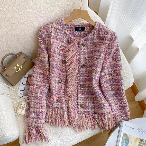 Pink Tassel Fragrant Tweed Suit Coat Female Autumn Winter Thickened Retro Double-Breasted Women Blazers