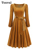 Red Velvet Christmas Elegant Party Women Dress Square Neck Long Bishop Sleeve Autumn Winter Belted Swing Dresses