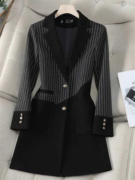 Women Stripe Stitching Woolen Blazer Coat Long Sleeve Jacket Office Ladies Work Wear Blazers Female Windbreakers Outerwear