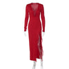 V-Neck Long Sleeve Slim Side Slit Mesh Patchwork Long Dress Women'S Solid Sexy Elegant Clothes Party Club Autumn Outfit