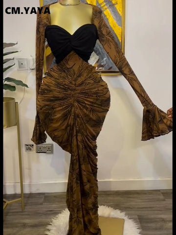 Women Leaf Printed Stacked Ruched Draped V-neck Maxi Long Bodycon Dress Holiday Birthday Club Party Evening Dresses
