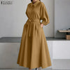 Plus Size Women Stylish Belted Pleated Maxi Dresses Long Sleeve Lapel Half Buttons Solid Color Long Dress Streetwear 5XL