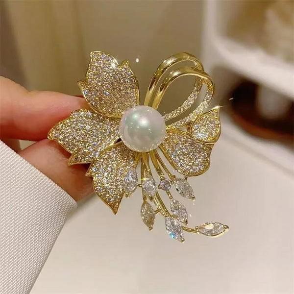 Rhinestone Flowers Imitation Pearl Brooches Women Sparkling Zircon Bowknot Brooch Pin Scarf Coat Suit Accessories Jewelry
