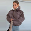 Solid Hooded Cropped Puffer Jacket Women Stand Collar Snap Button Loose Long Sleeve Jackets Winter Casual Warm Padded Coat