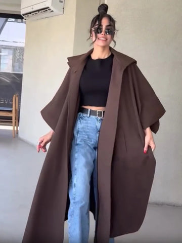 Solid Cape‑style Long Overcoat Women Oversize Hooded Self‑tie‑belt Wide 3/4 Sleeve Trench Coat Fall Female Outerwear