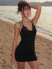 Women Black Mesh Ruched Trailing Strap Dress Glam Square Neck Bodycon Club Outfit Ladies Night Party Apparel