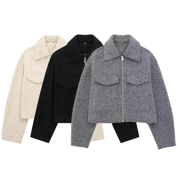 Women With Pockets Grey Front Zipper Jackets Vintage Lapel Neck Long Sleeves Female Chic Lady Outfits