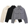 Women With Pockets Grey Front Zipper Jackets Vintage Lapel Neck Long Sleeves Female Chic Lady Outfits